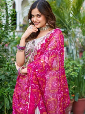 4 Kedar Fab - Embroidered Semi Stitched Lehenga Choli (White, Pink)